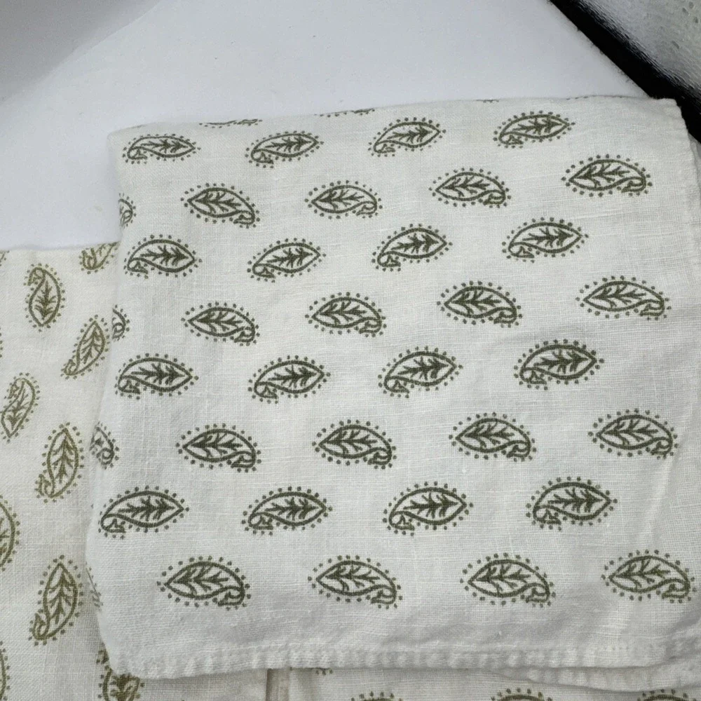 Lot of 6 White Hand Towels Cloth Napkins Green Leaf Leaves‎